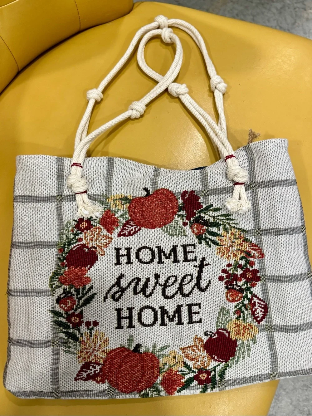 Home Sweet Home Autumn Wreath Tote Bag - Cream Plaid